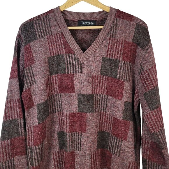 Jantzen Mens Grandpa Sweater Red Medium Ribbed Long Sleeve USA Wool Dadcore VTG - Picture 2 of 8